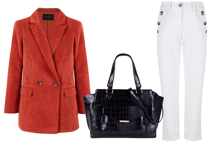 conjunto americana de pana bolso negro pantalon blanco helen svedin campana cortefiel tiene ese algo maxcenter