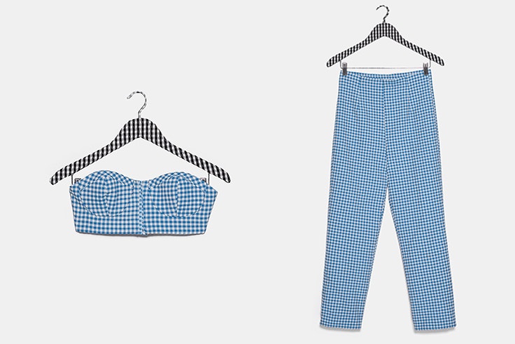 Top corto y Pantalón de traje azul prendas de cuadros vichy azul zara