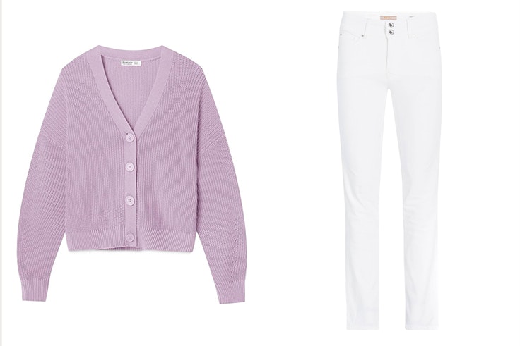 Chaqueta de punto en color lila de Stradivarius y Pantalón blanco recto de Salsa Jeans