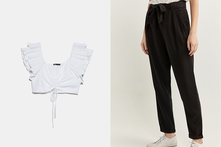 Top blanco de Zara Pantalón negro de Springfield