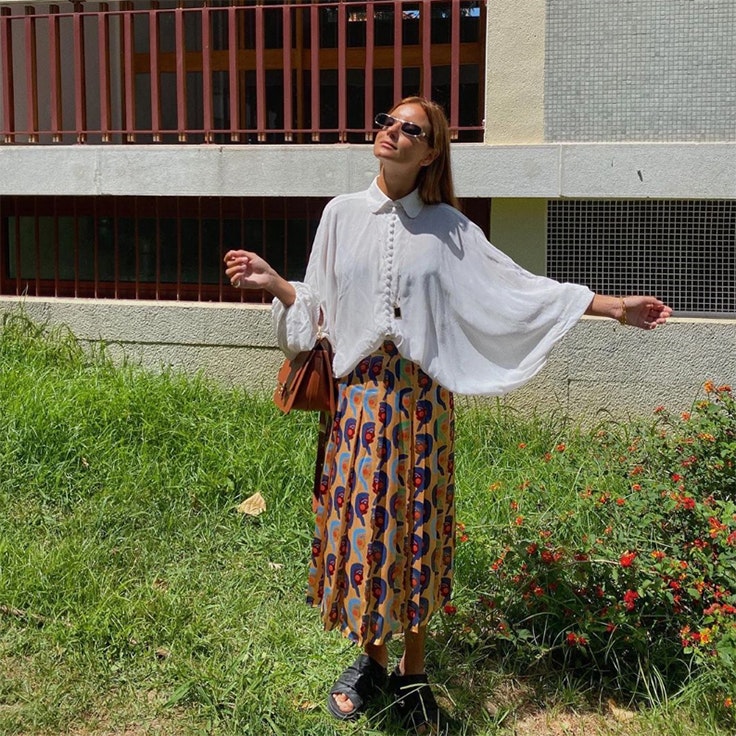 Falda Midi Acampanada Elegante Con Estampado Floral Para Mujer, Falda Con Cintura Elástica Alta